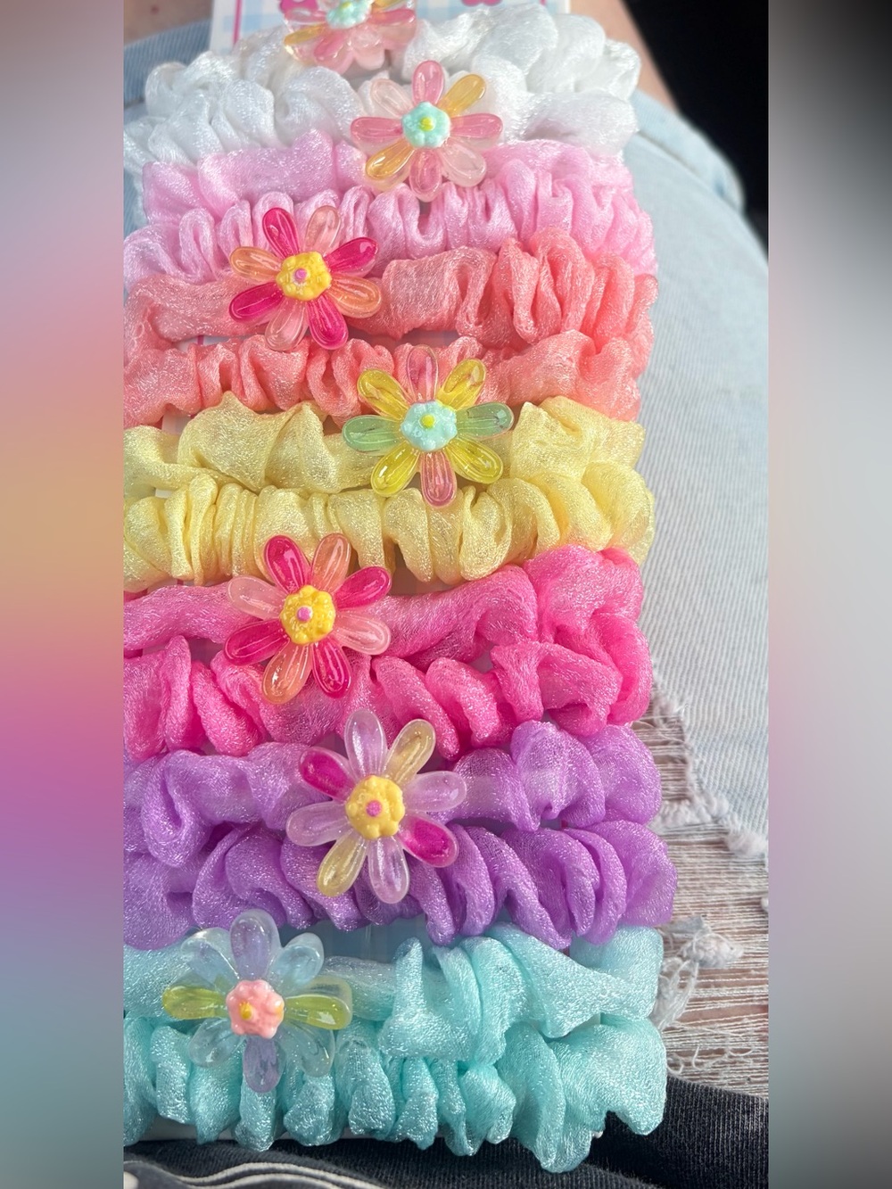 Pastel Flower Charm Kids Scrunchie Set - Multicolor
